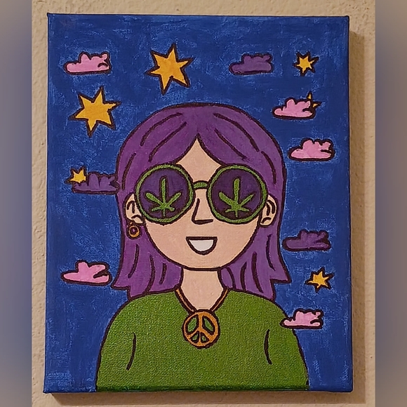 Hand Painted Other - Whimsical Stoner Girl Acrylic Painting On Canvas Wall Art Signed 8x10"